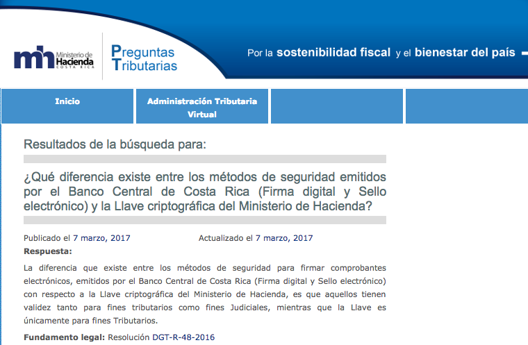 Respuesta del Ministerio de Hacienda de Costa Rica sobre métodos de seguridad